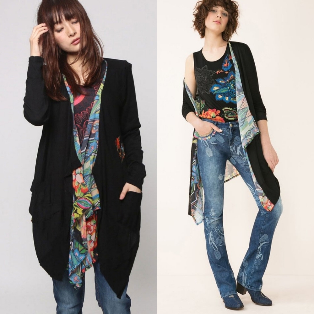 Desigual Amor Cardigan Embroidered Art-to-Wear Waterfall Draped Front size L